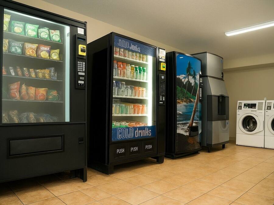 A laundromat with vending machines selling snacks and drinks, and a washing machine area.