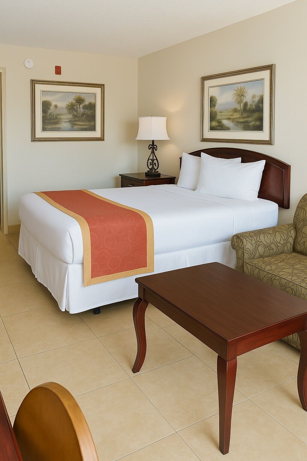A hotel room with a large bed, a bedside table with a lamp, a wooden coffee table, and two framed pictures on the walls.