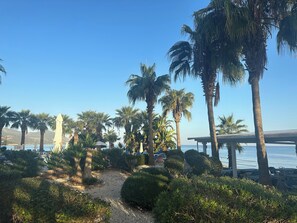 A beachside resort with palm trees, a gravel path, and a pier extending into the water. - Souli Beach Hotel (Neo Chorio)