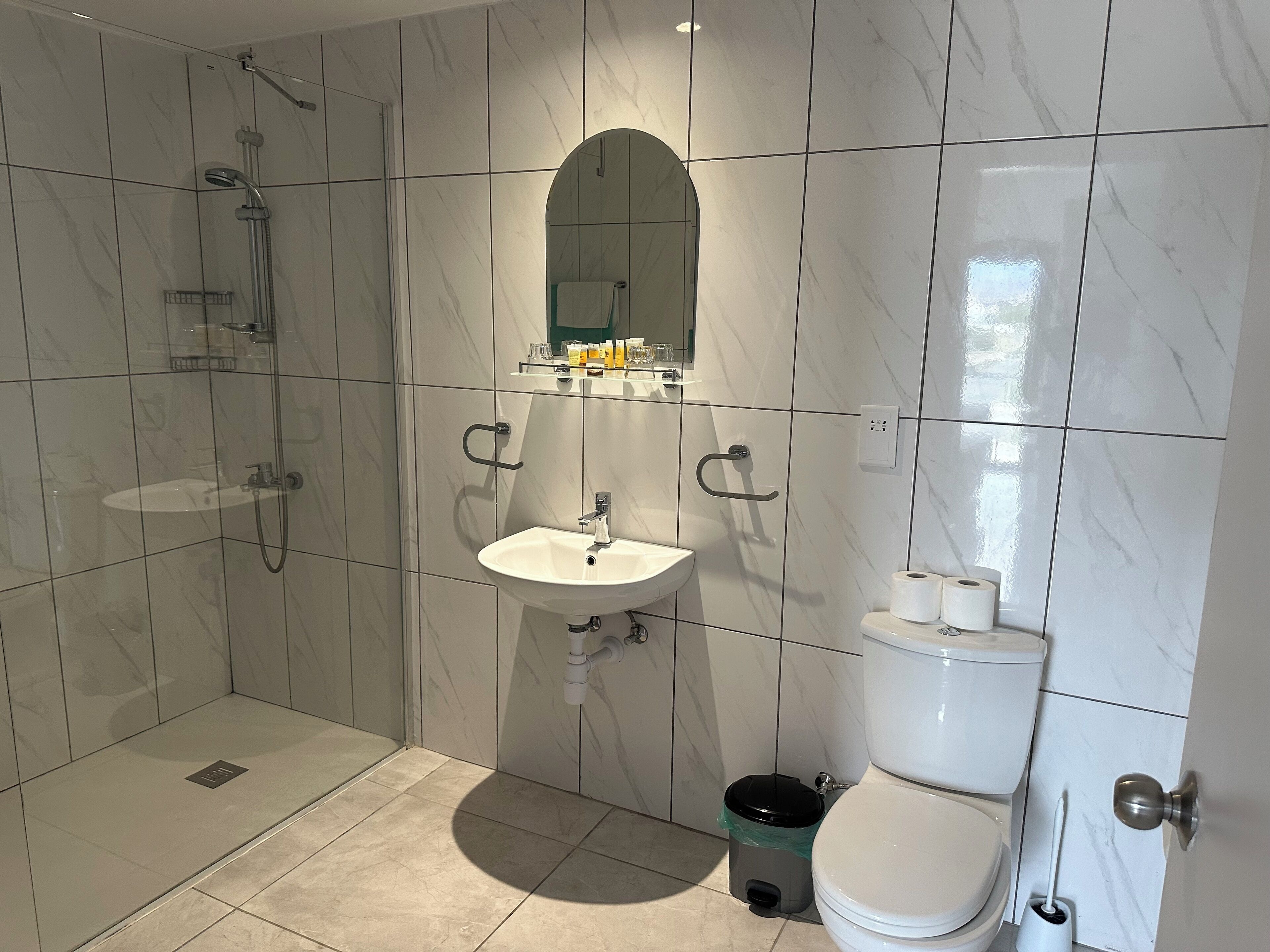 combined shower/bathtub, free toiletries, towels