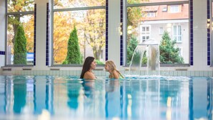 An indoor swimming pool with large windows and a view of autumn trees outside. - Olymp Spa (Kolobrzeg)