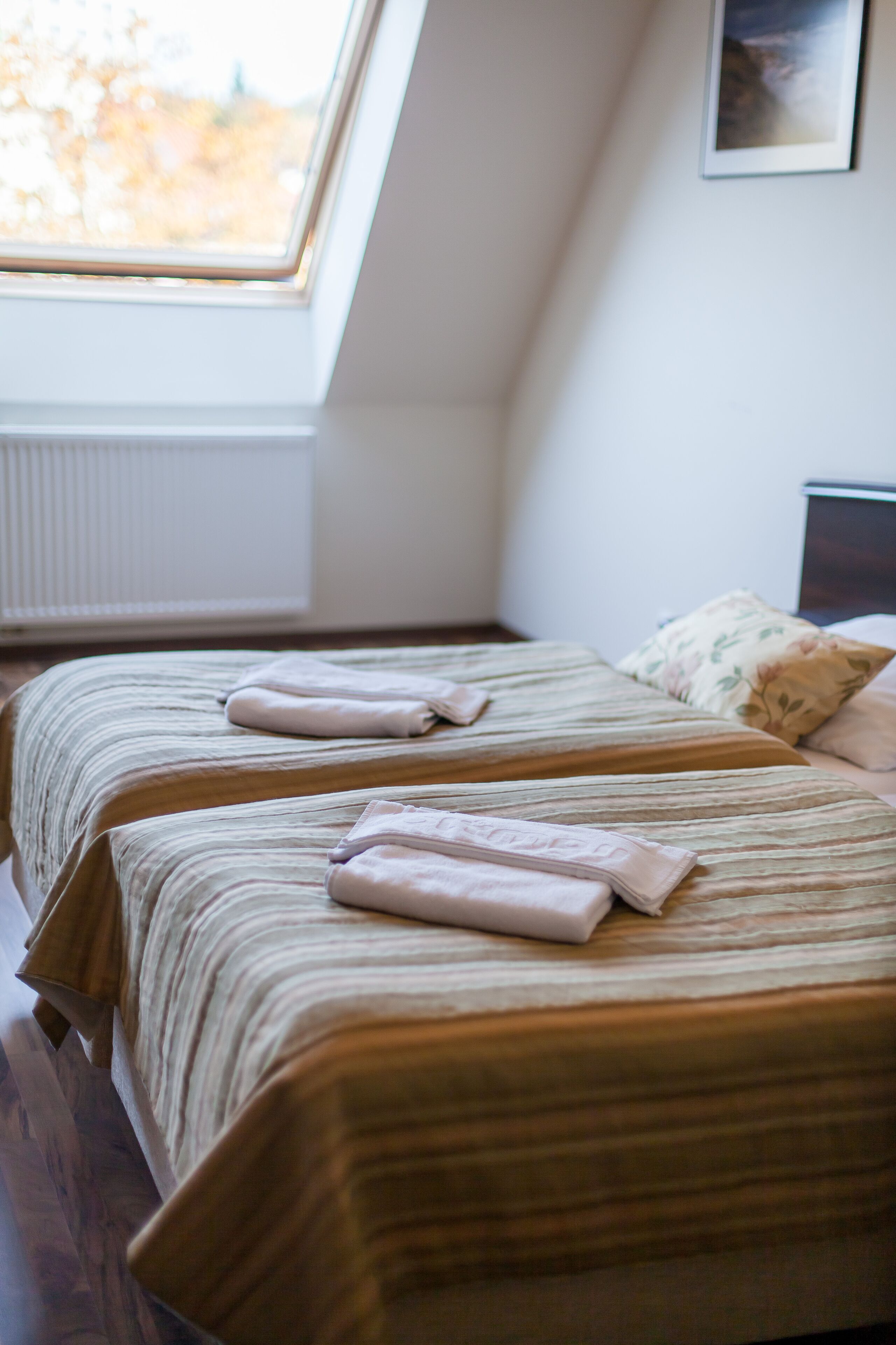 Une chambre avec deux lits, un puits de lumière, un radiateur et un tableau encadré au mur.