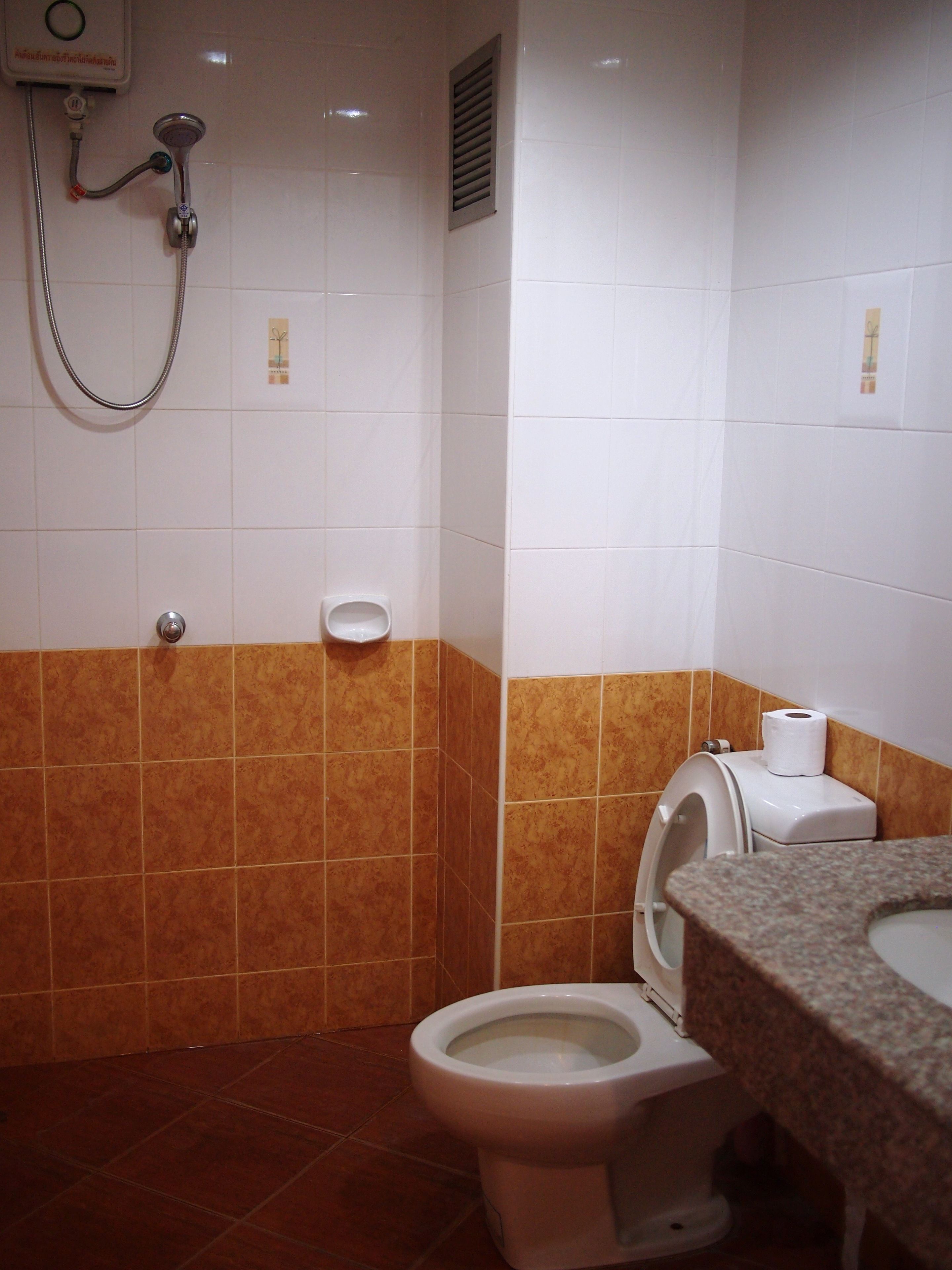 Une salle de bain avec des toilettes, une douche et un lavabo.