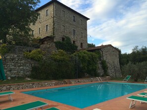 Outdoor pool, pool umbrellas, sun loungers