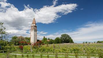 A tower with a conical roof, surrounded by a vineyard and trees under a partly cloudy sky.