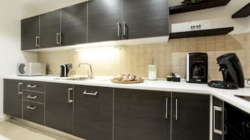Deluxe Apartment, 2 Bedrooms, Fireplace | Private kitchen | Full-size fridge, microwave, oven, stovetop