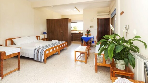 A bedroom with a bed, bedside tables, a desk, a chair, a wardrobe, and a potted plant. - Follow The Sun (Polis)
