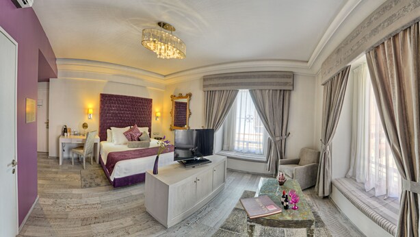 A hotel room with a bed, a TV, a desk, a chair, and a window with curtains. - Hotel Andante (Puebla)