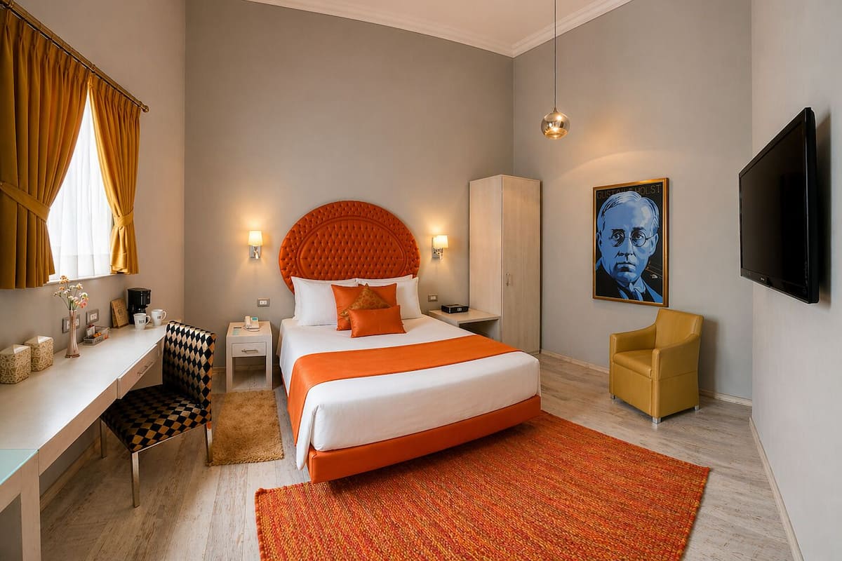 Una habitación de hotel con cama, escritorio, silla, armario y televisor.