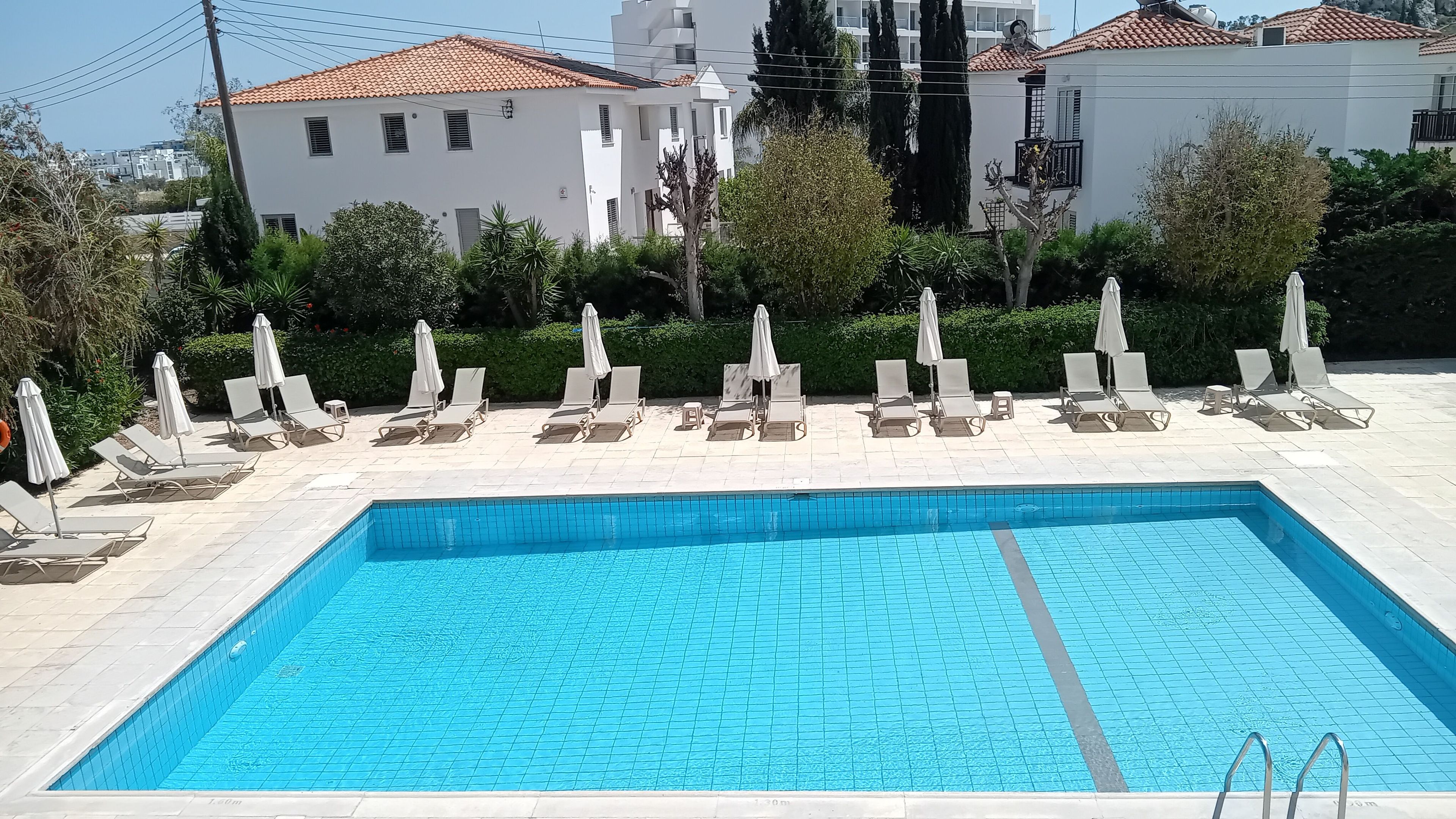 Una piscina rettangolare con bordi piastrellati e un centro blu cristallino, circondata da lettini e ombrelloni.