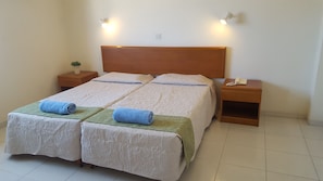 A double bed with two pillows, a wooden headboard, and two bedside tables with a phone on one.