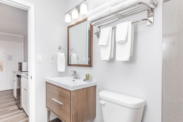 Suite – comfort, 1 queensize-seng med sovesofa, tilgjengelighetstilpasset, bakgårdsutsikt | Bad | Kombinert dusj/badekar, toalettartikler (inkludert) og hårføner