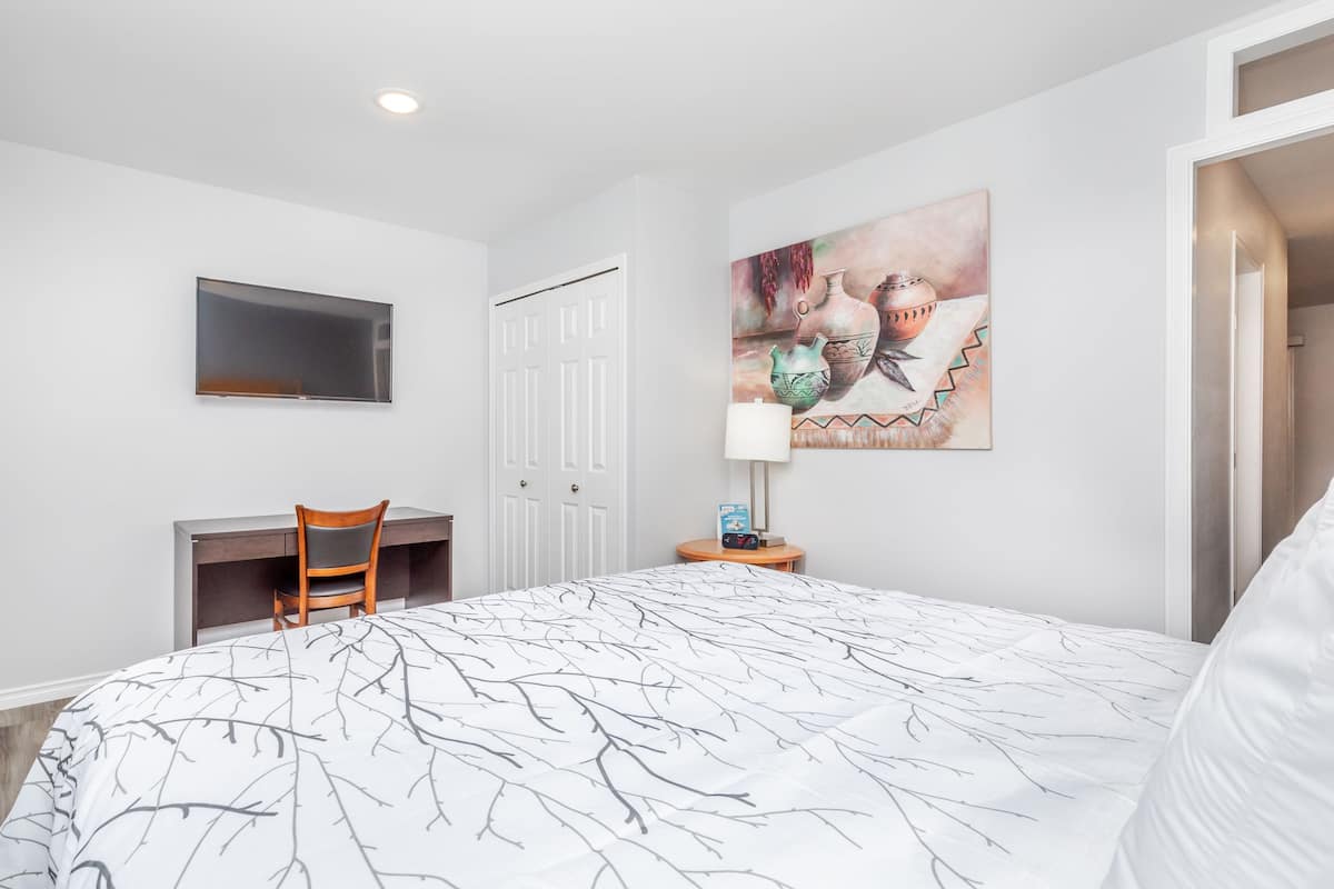 A hotel room with a bed, a desk, a chair, a TV, a painting, and a door.