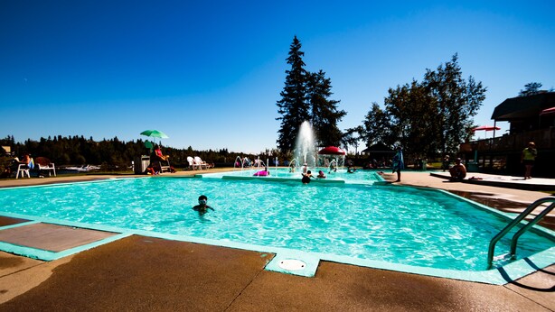 Una piscina con fuente de agua, rodeada de árboles y un cielo azul despejado.