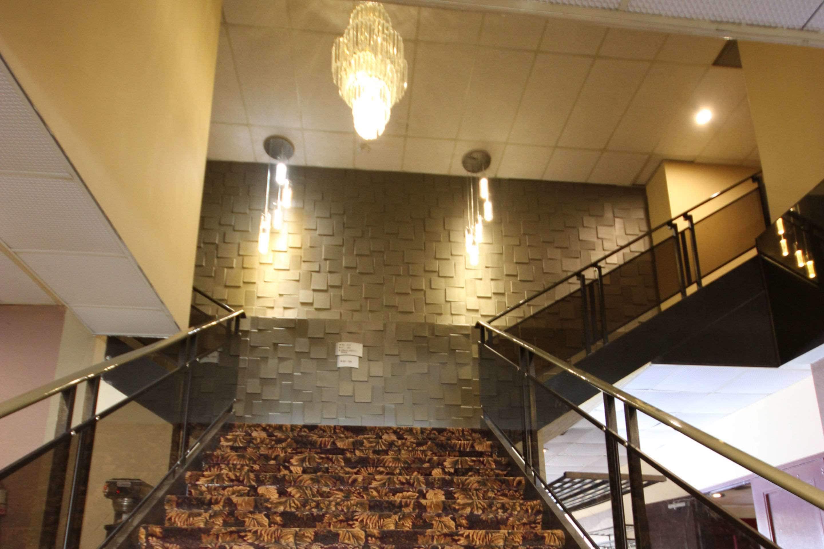 Un escalier recouvert d’une moquette à motifs, un lustre et un mur orné d’un motif géométrique.
