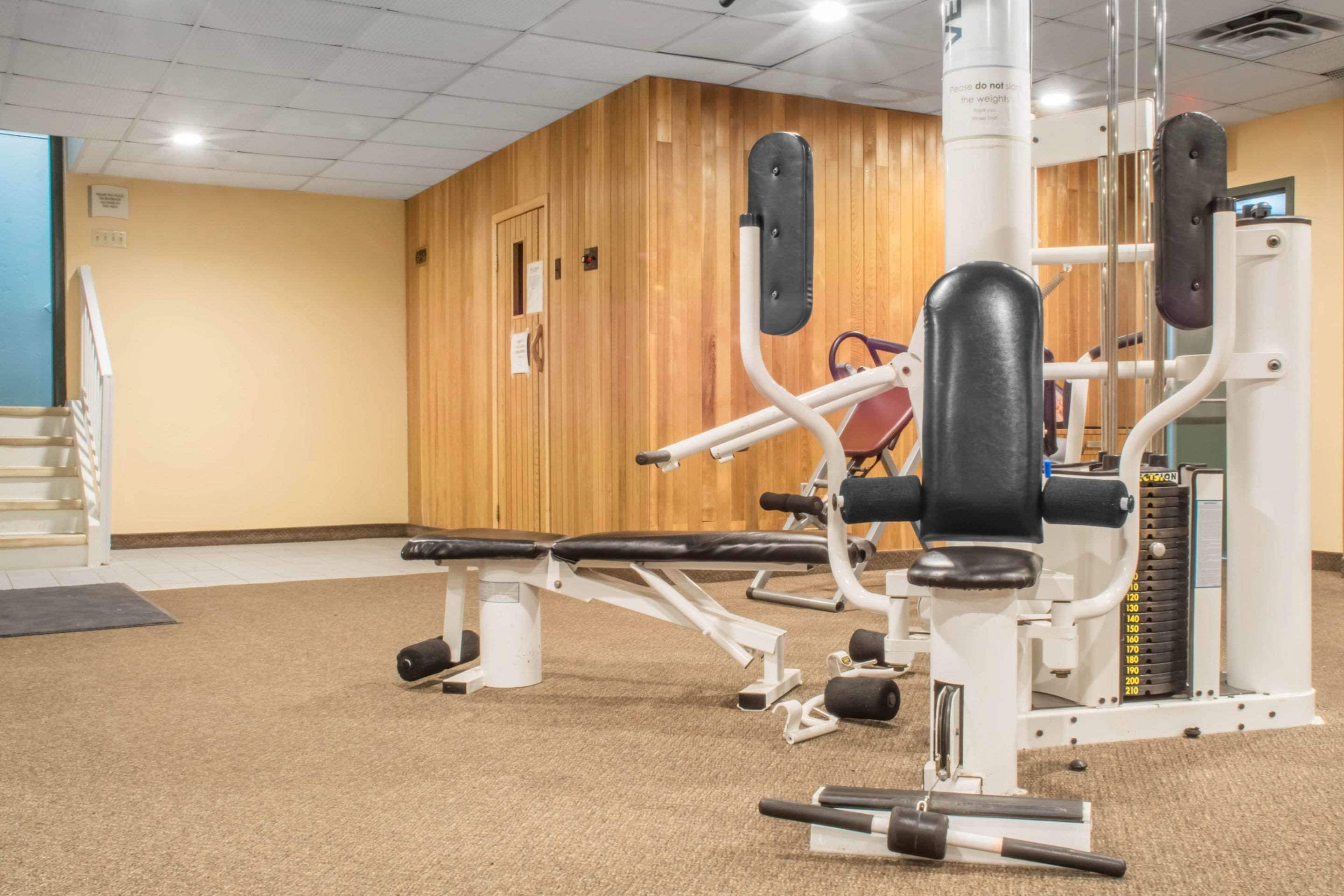 Ein Fitnessraum mit Trainingsgeräten, einer Holzwand und einem Teppichboden.