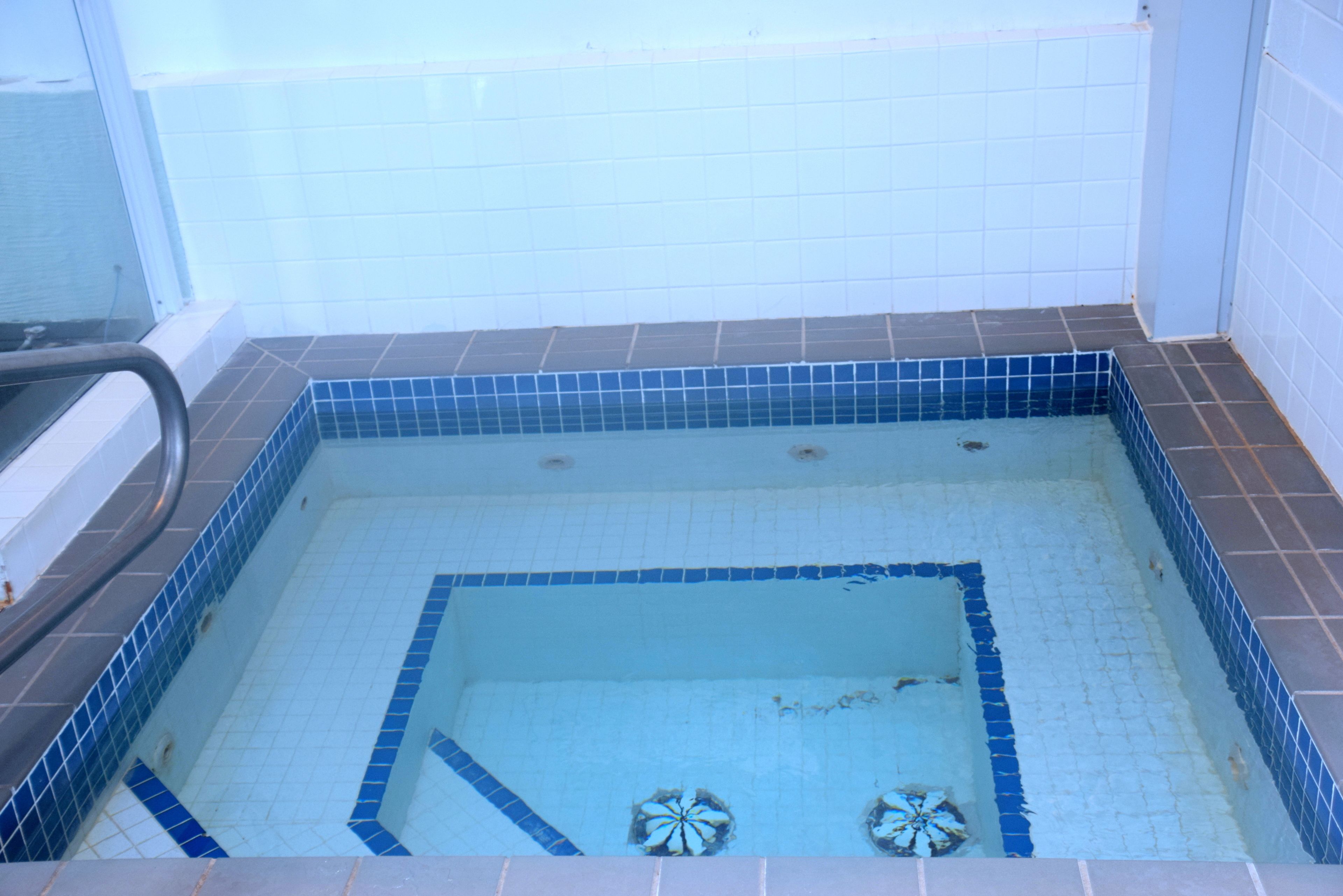 Una piscina rettangolare con piastrelle blu e bianche, circondata da un muretto piastrellato.