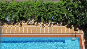 Piscina con bordo piastrellato, un nuotatore e vegetazione circostante.