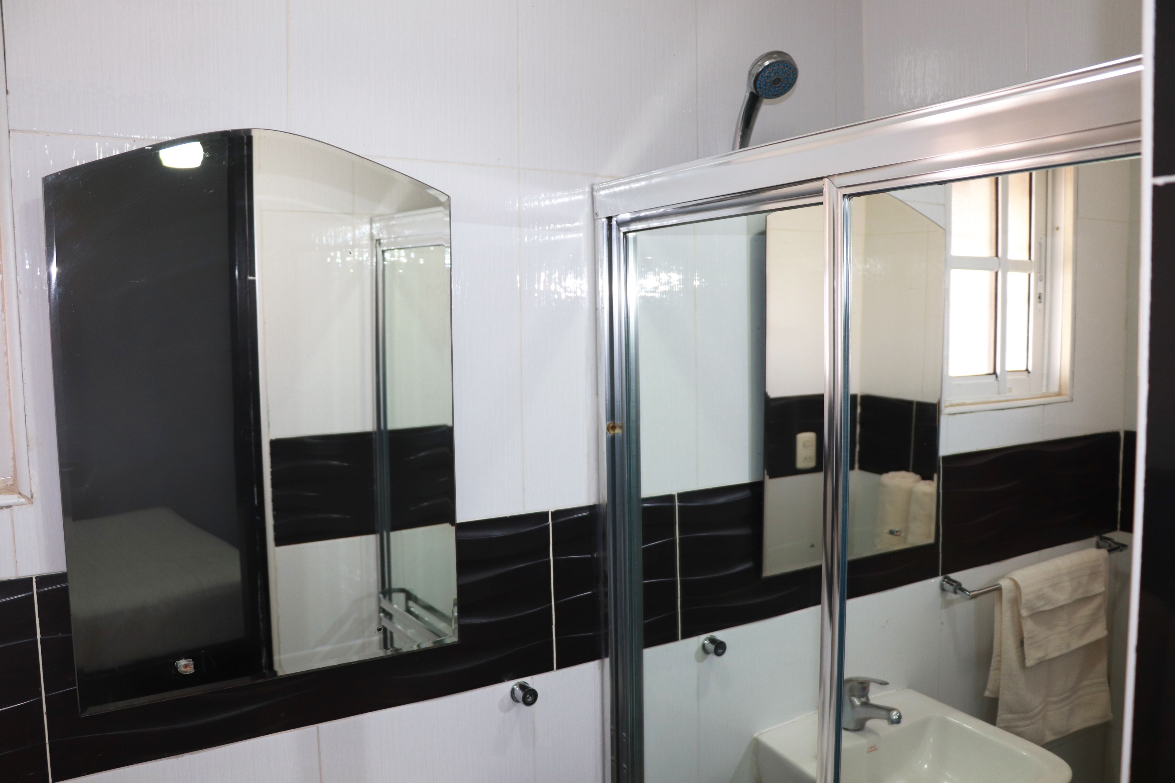 A bathroom with a glass shower enclosure, a sink, and a mirror.