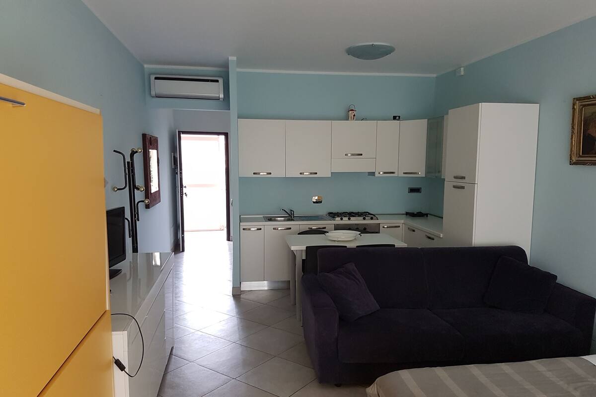 A compact living space with a kitchenette, a sofa, and a bed.