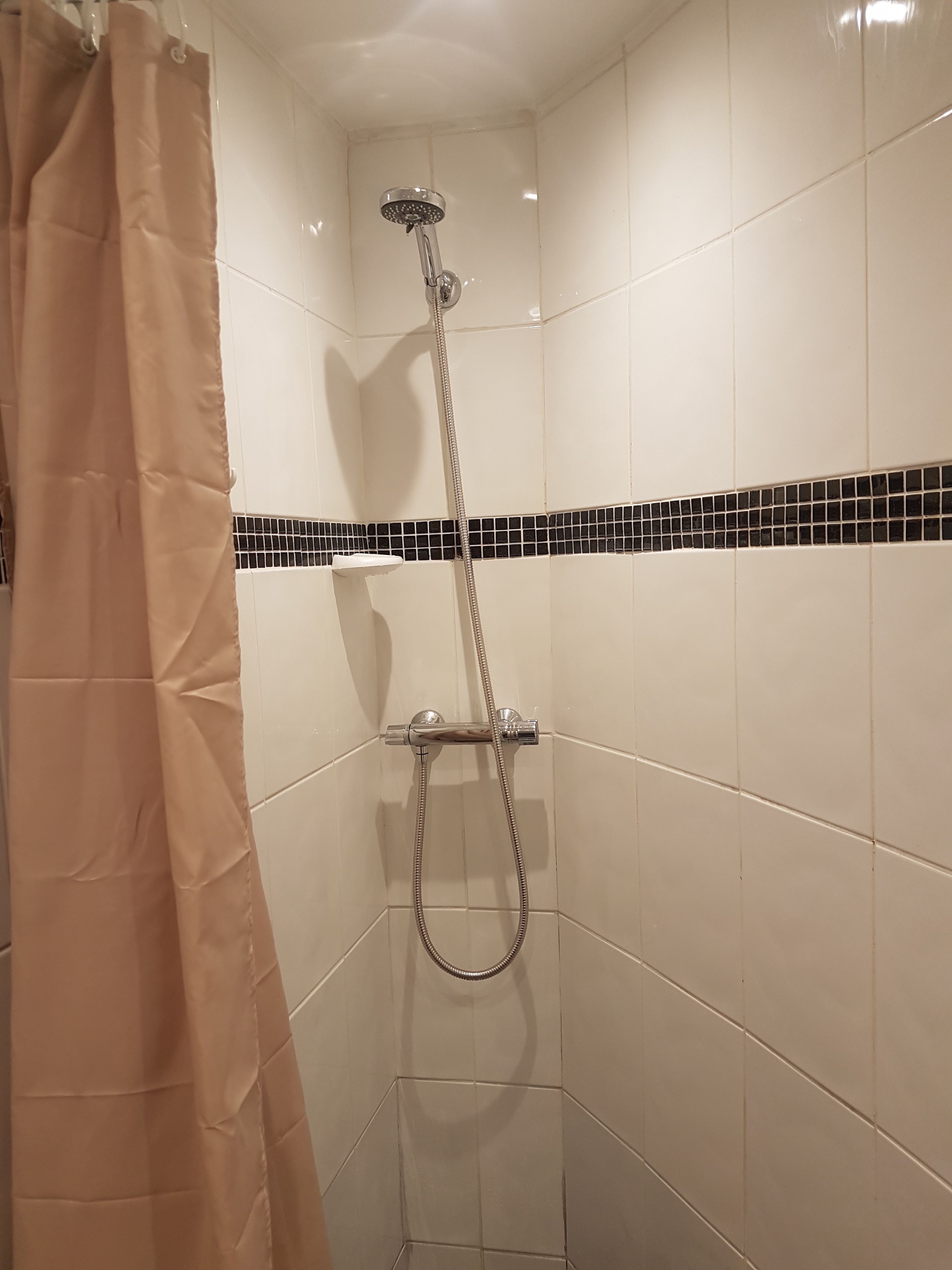 A shower with a handheld showerhead and a wall-mounted faucet.