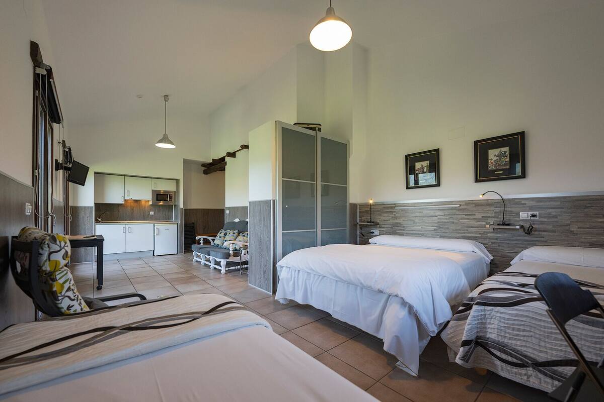 A hotel room with two beds, a desk, a chair, a kitchenette, and a TV.