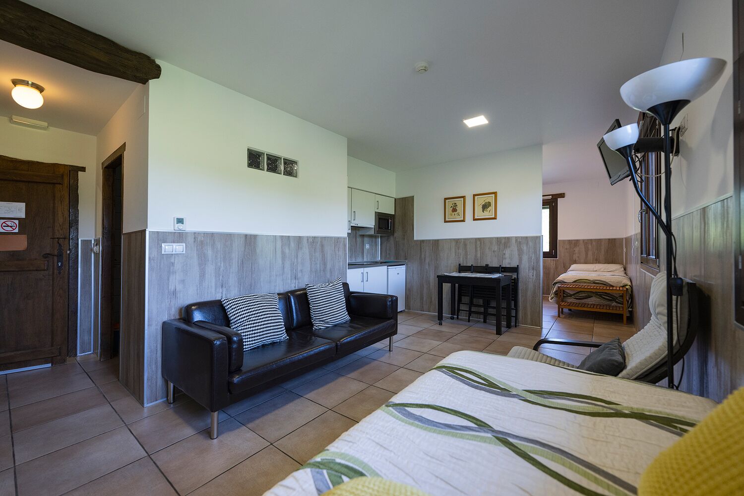 A compact room with a sofa, a bed, a dining table, and a kitchenette.