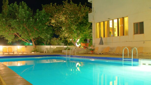 A swimming pool with a blue interior, surrounded by lounge chairs and a tree.