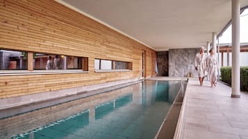 Indoor pool, outdoor pool, pool umbrellas, sun loungers