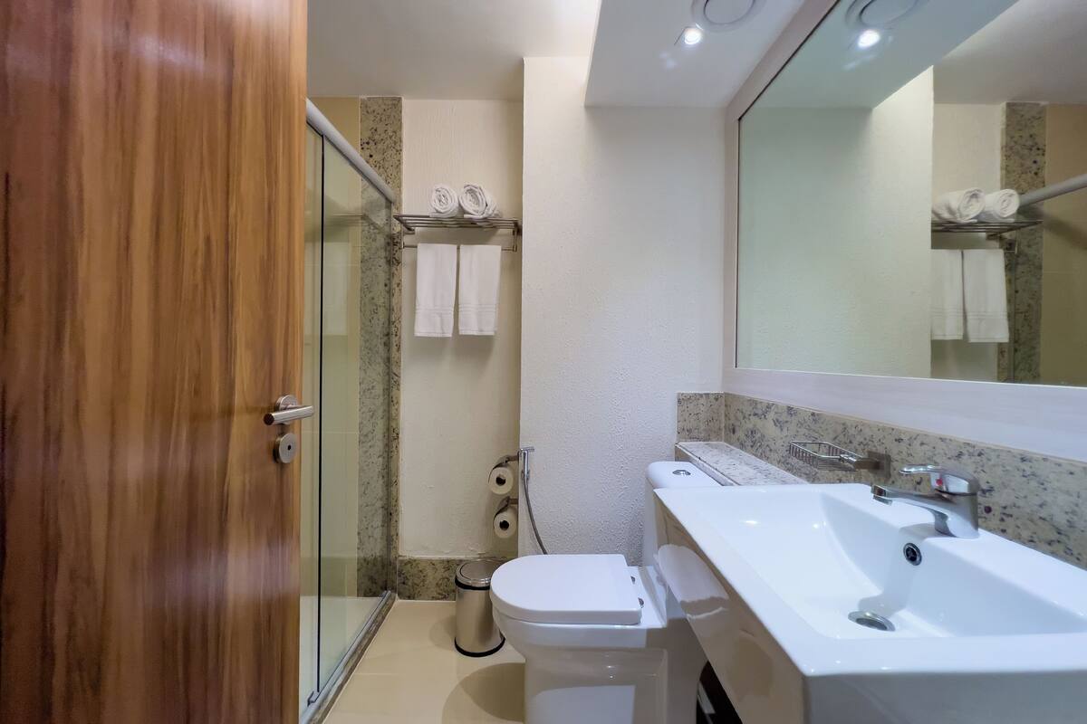 shower, free toiletries, hair dryer, towels