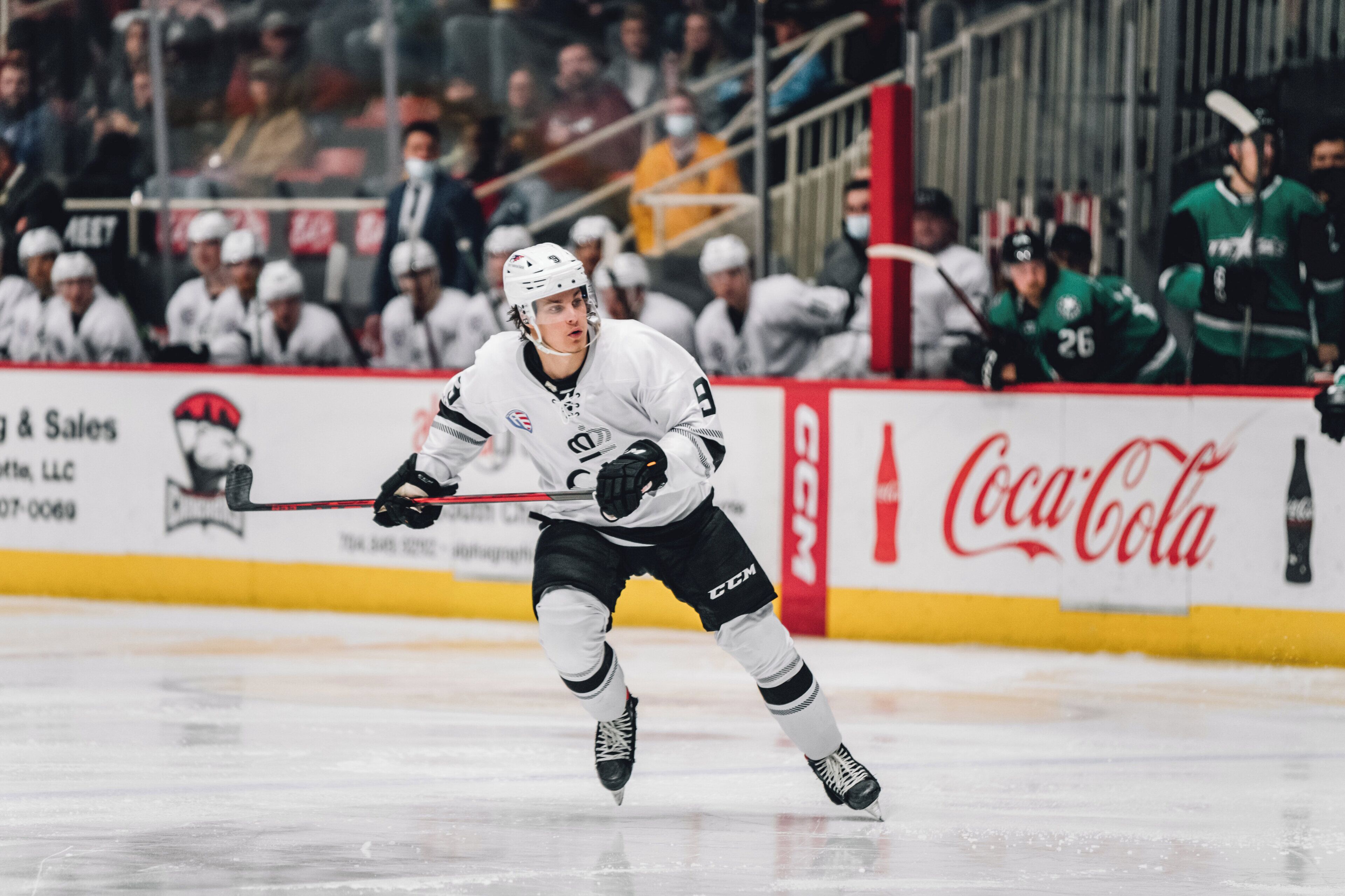 A hockey player in action on the ice with spectators in the background.