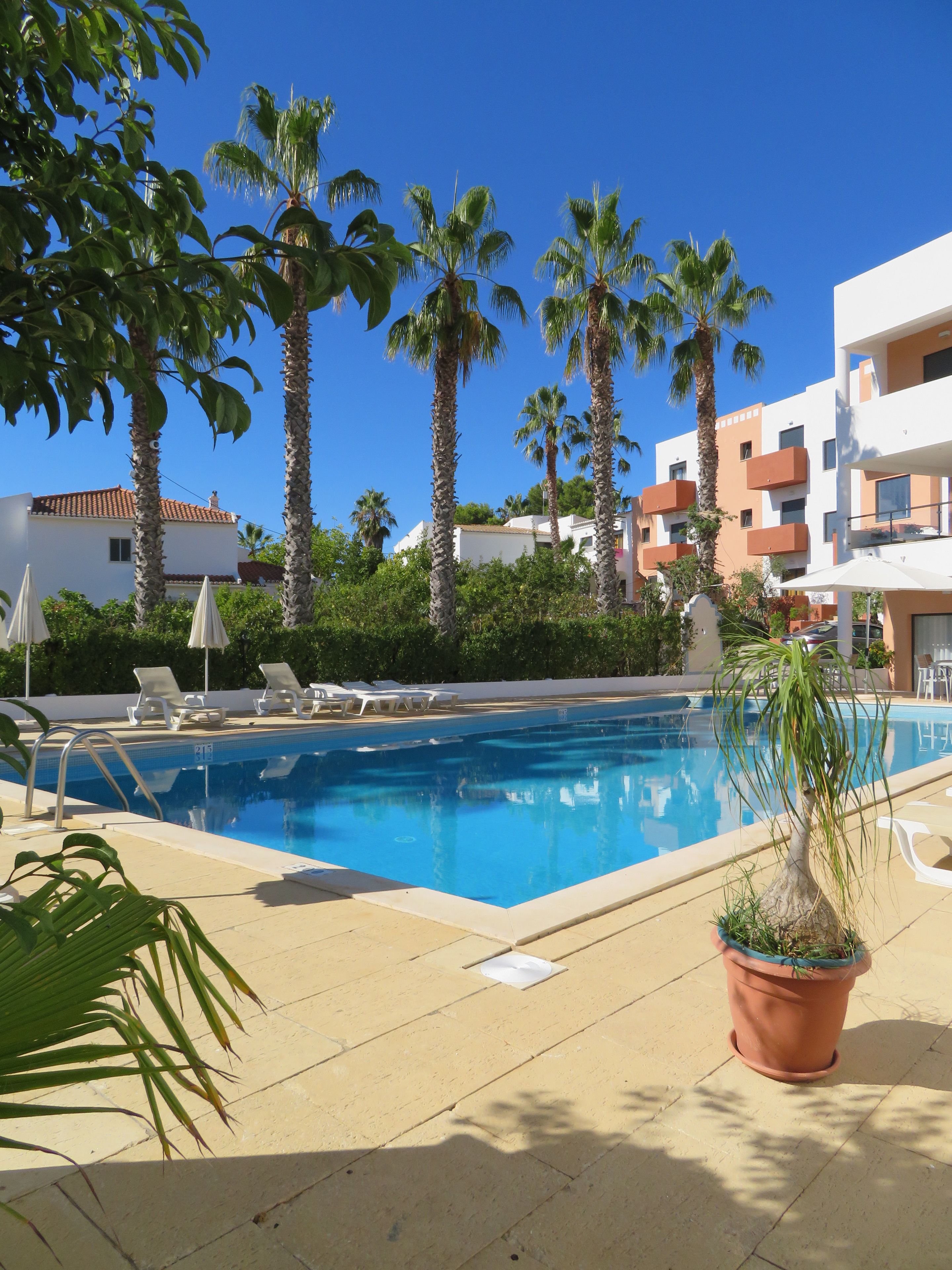 Outdoor pool, pool umbrellas, pool loungers