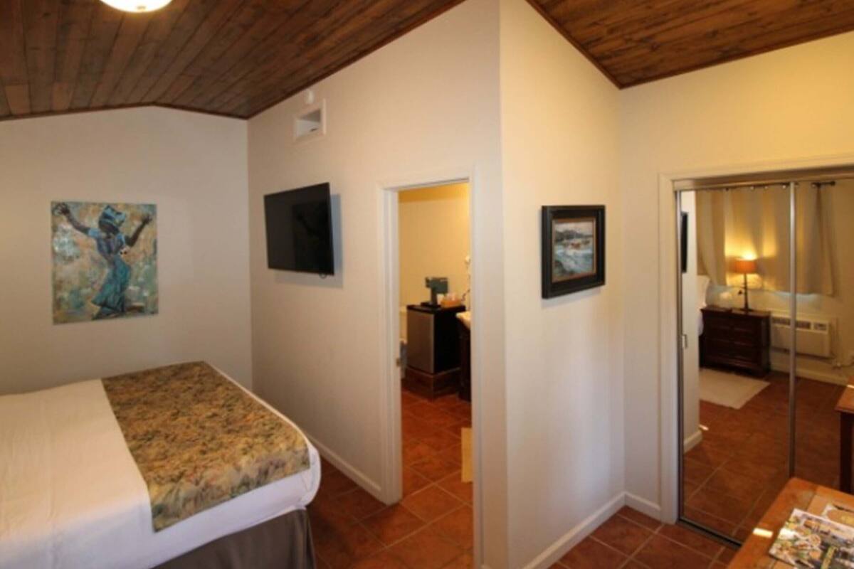 A bedroom with a bed, a painting, a television, and a door leading to another room.