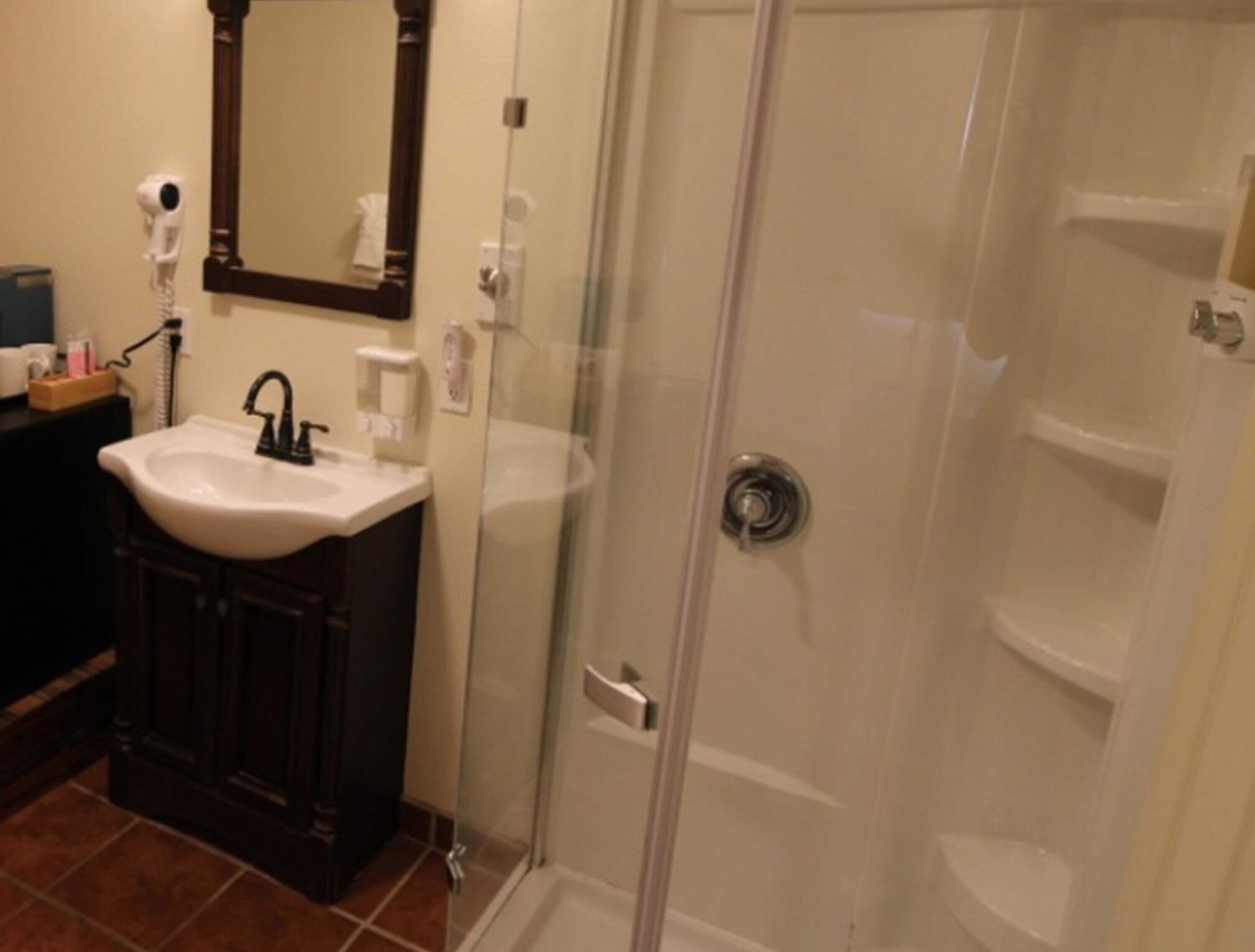A bathroom with a glass-enclosed shower, a white sink, and a mirror above the sink.