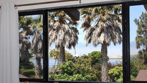 A room with a large window overlooking palm trees and a beach. - Back Bay Inn (Los Osos)