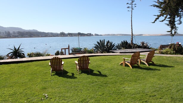 A grassy area with three wooden Adirondack chairs facing a body of water. - Back Bay Inn (Los Osos)