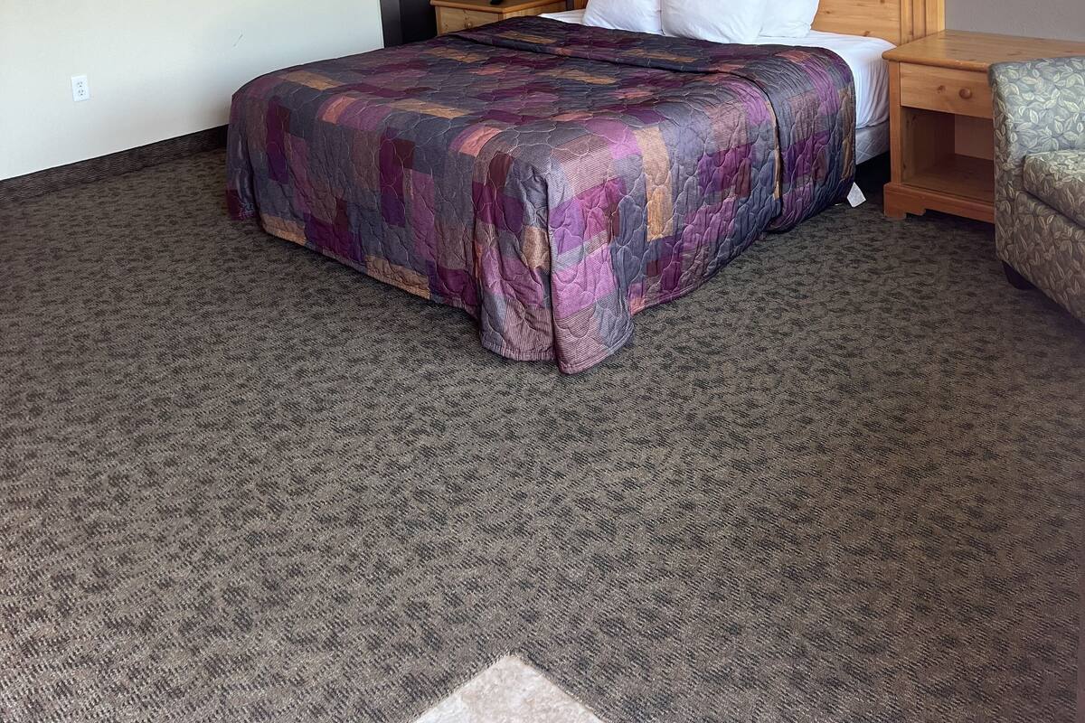 Une chambre d’hôtel avec un lit, une table de chevet, une chaise, un tableau encadré au mur et un luminaire au plafond.