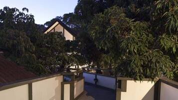 Un sendero conduce a un edificio de techo inclinado, rodeado de abundante follaje.