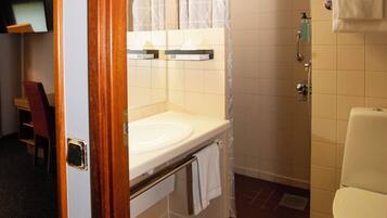 Een badkamer met een wastafel, toilet en douche.
