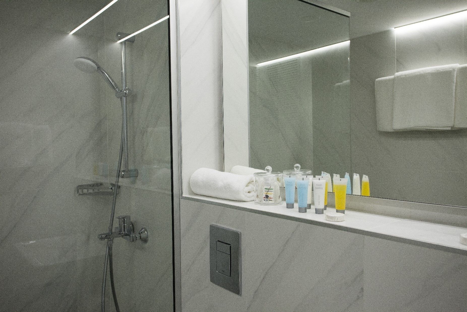 free toiletries, hair dryer, towels