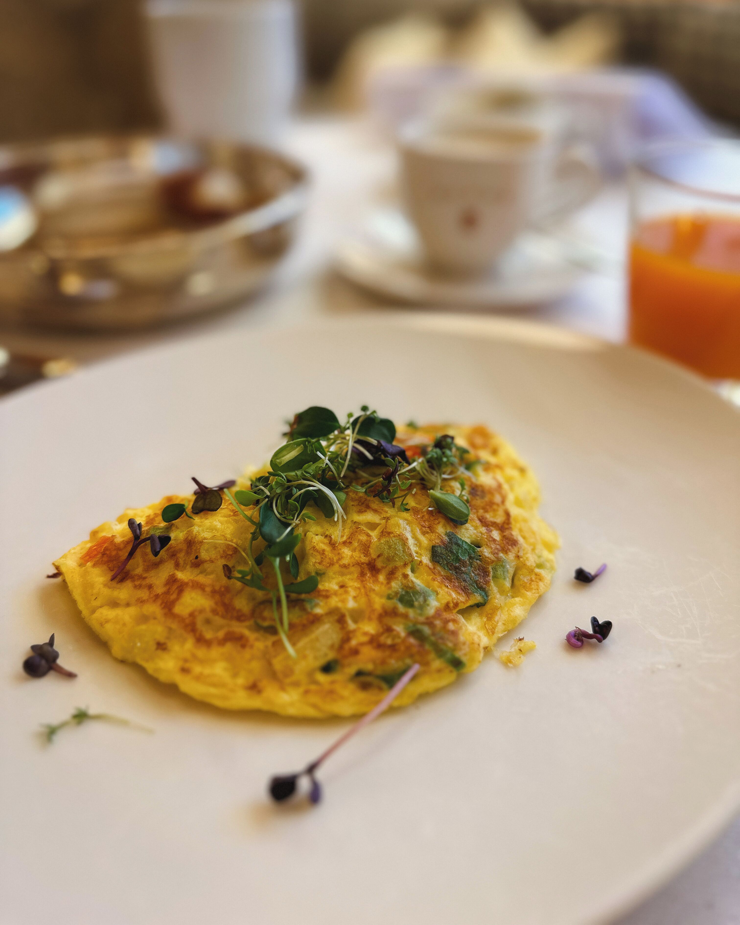 A plate with an omelette garnished with greens and sprouts.