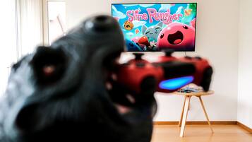 Un téléviseur diffusant l’émission « Slime Ranger », avec une manette de jeu au premier plan.