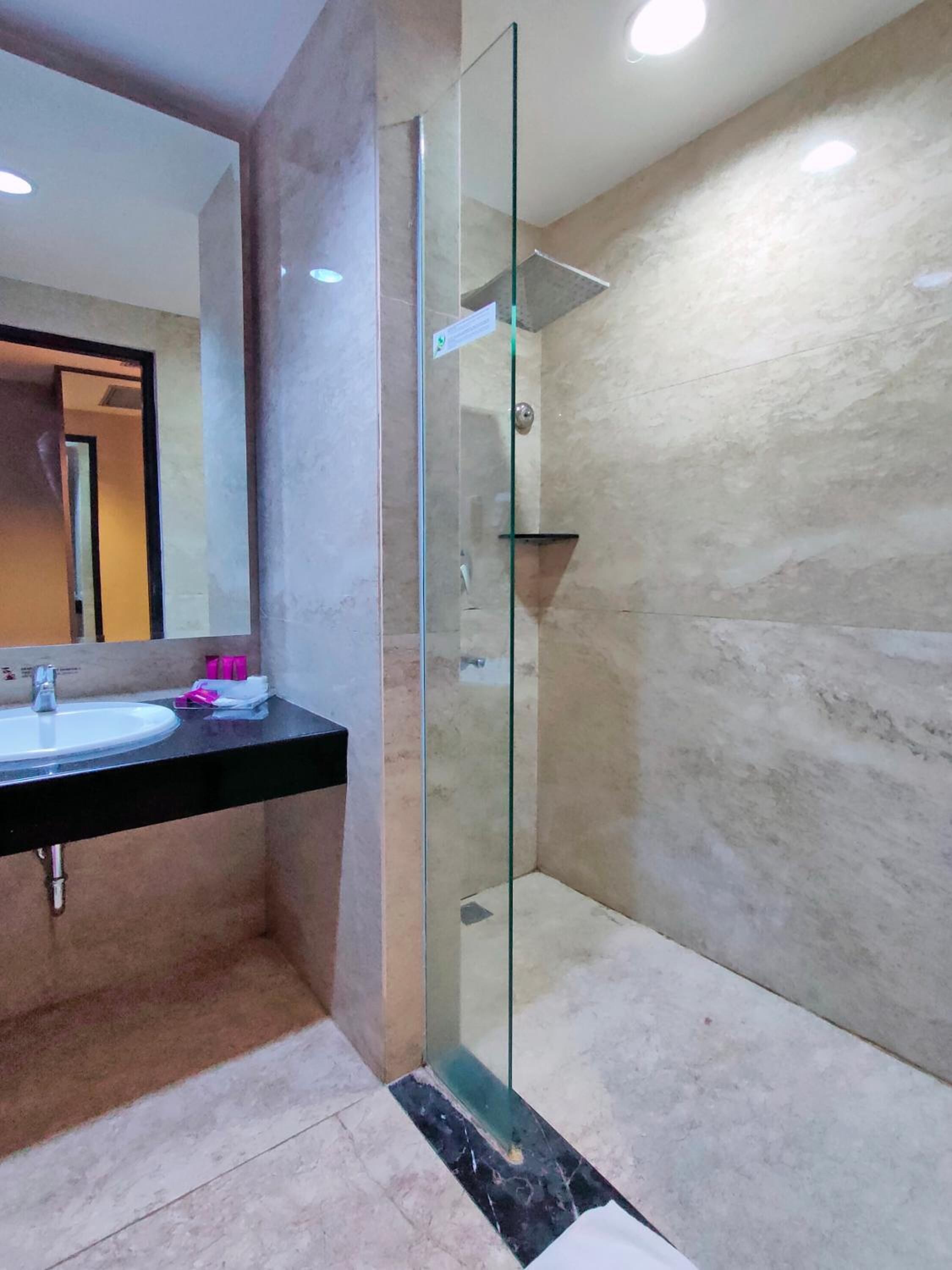 shower, free toiletries, hair dryer, towels