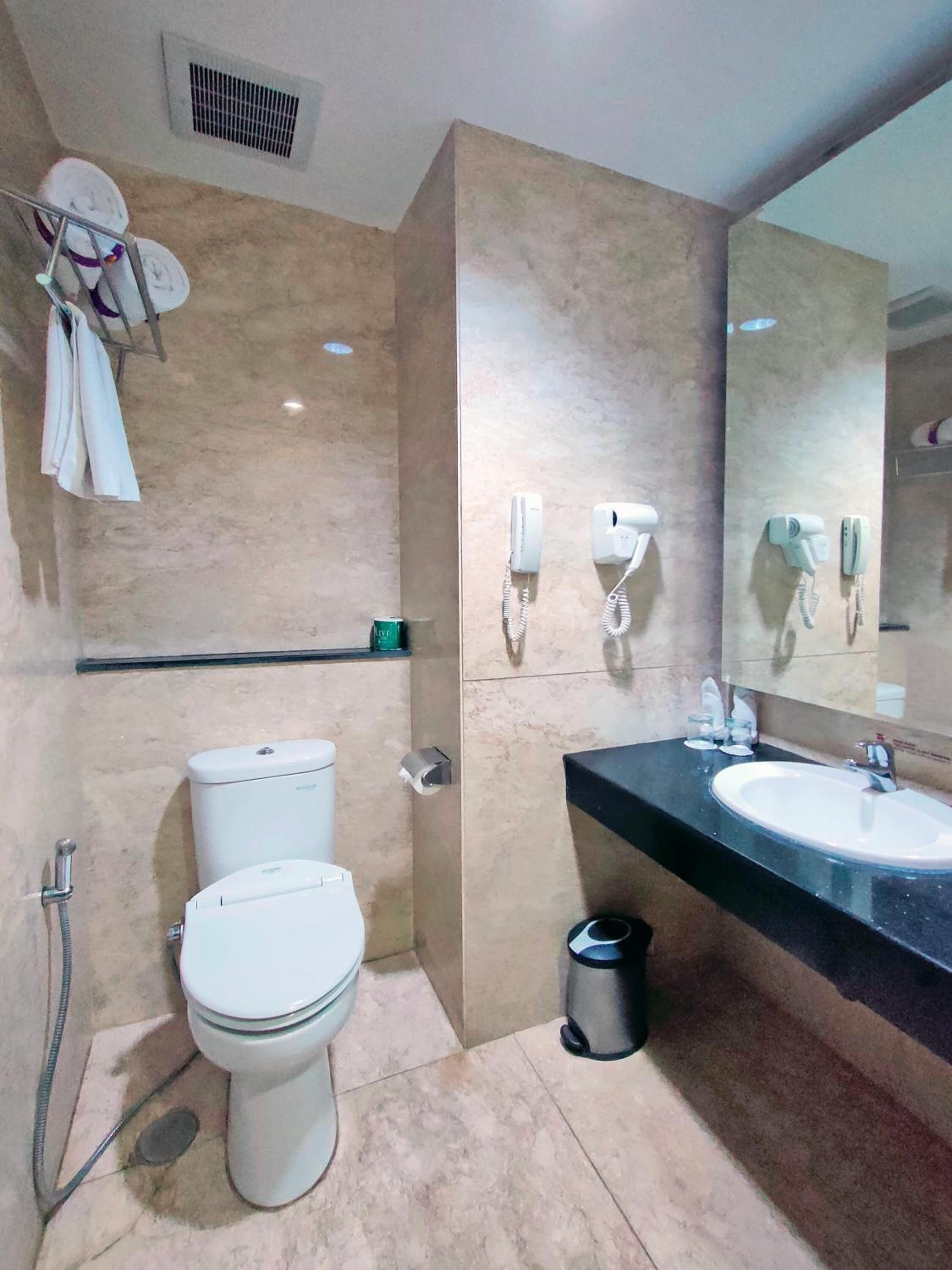 shower, free toiletries, hair dryer, towels