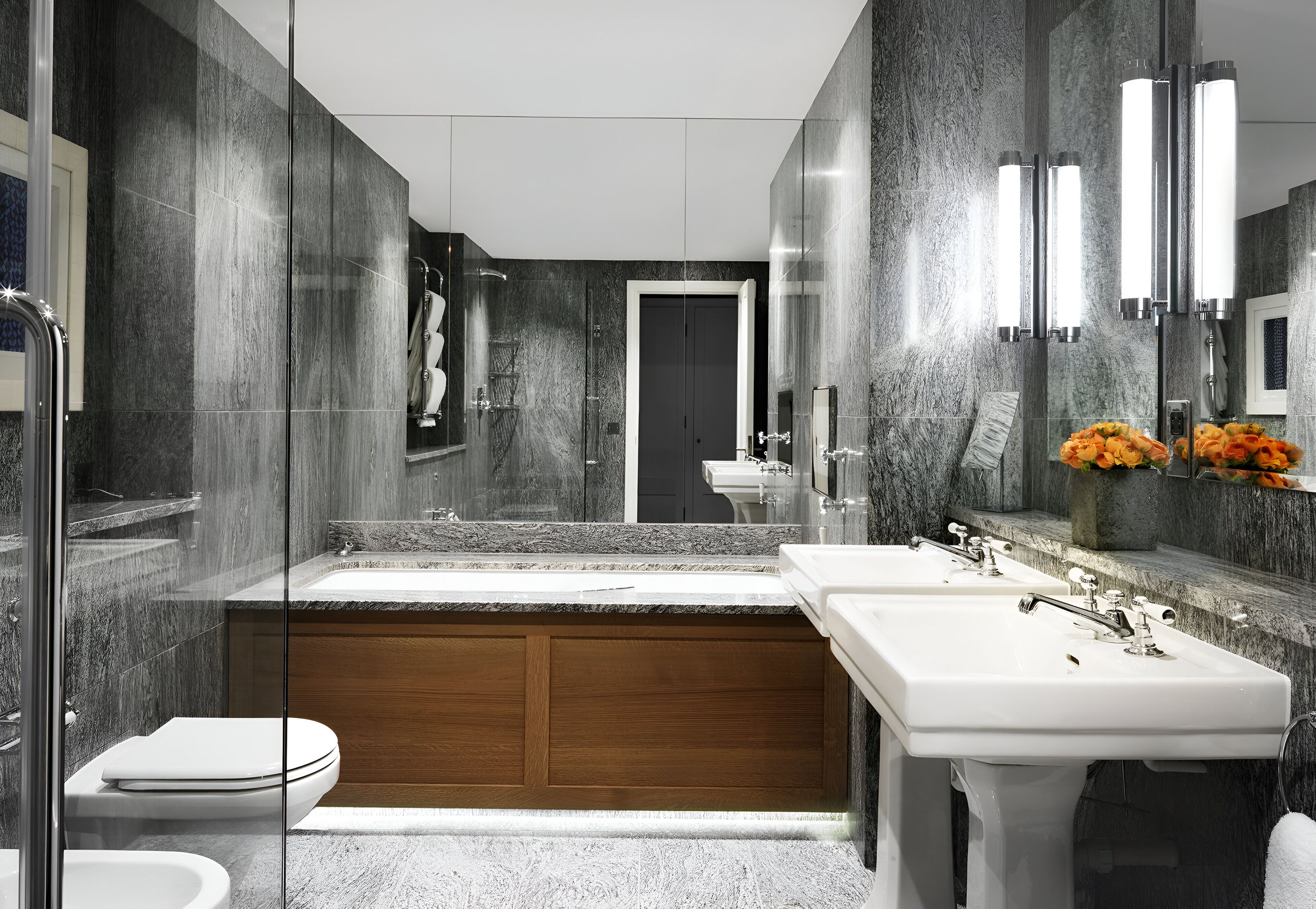 designer toiletries, hair dryer, bathrobes, slippers