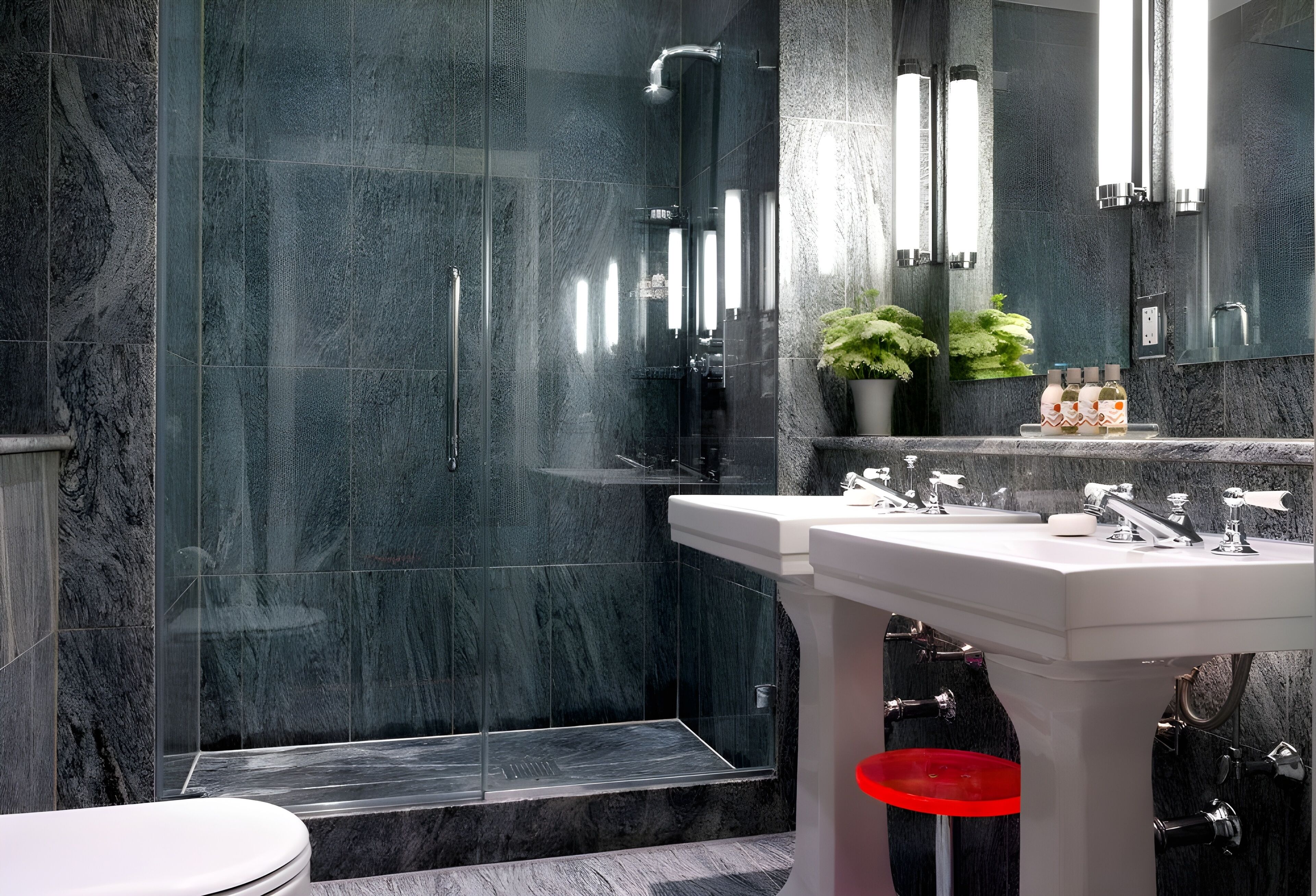 luxury room | bathroom | designer toiletries, hair dryer, bathrobes, slippers