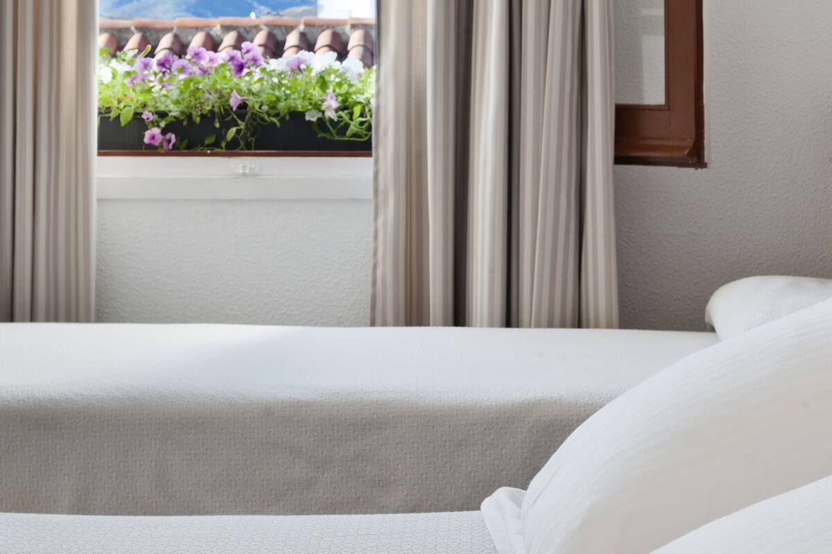 A hotel room with a bed, a window with curtains, and a view of mountains and flowers outside.