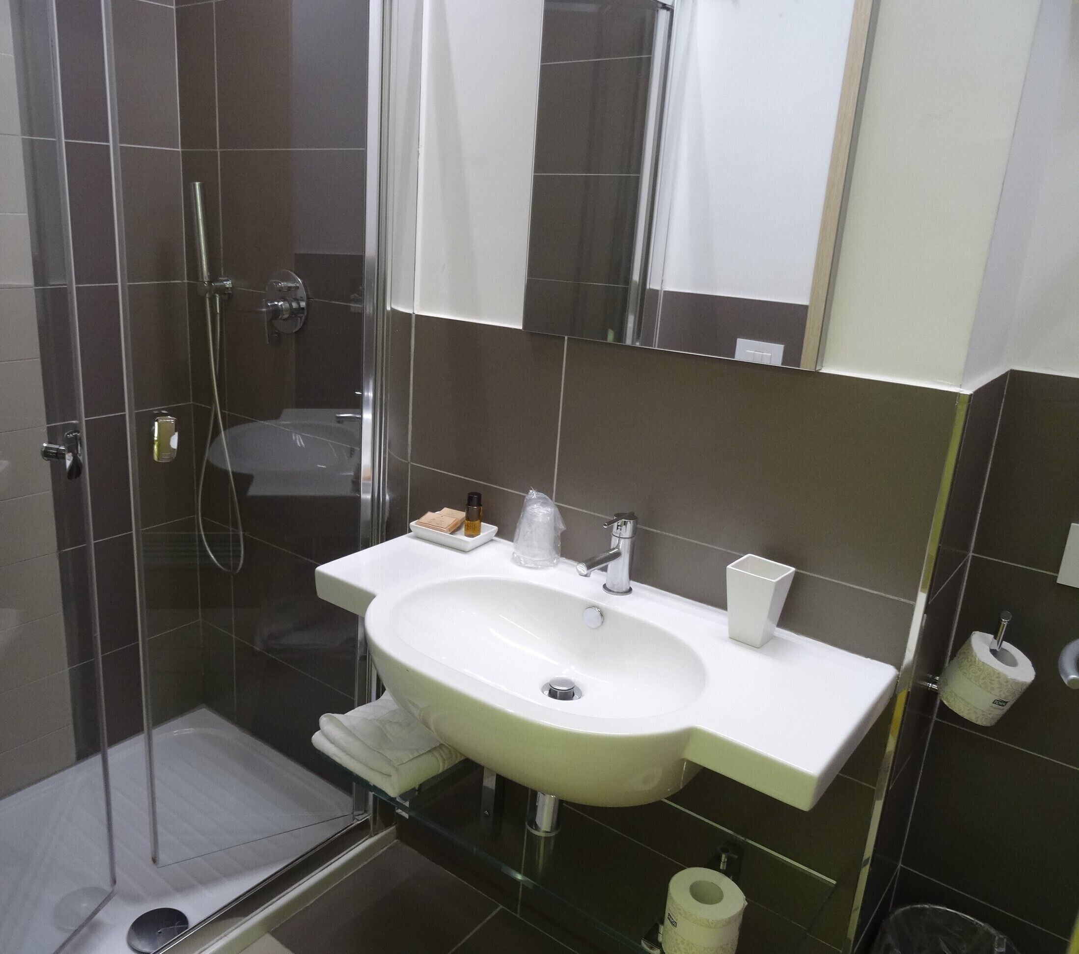 A modern bathroom with a glass-enclosed shower, a white sink, and a mirror above the sink.