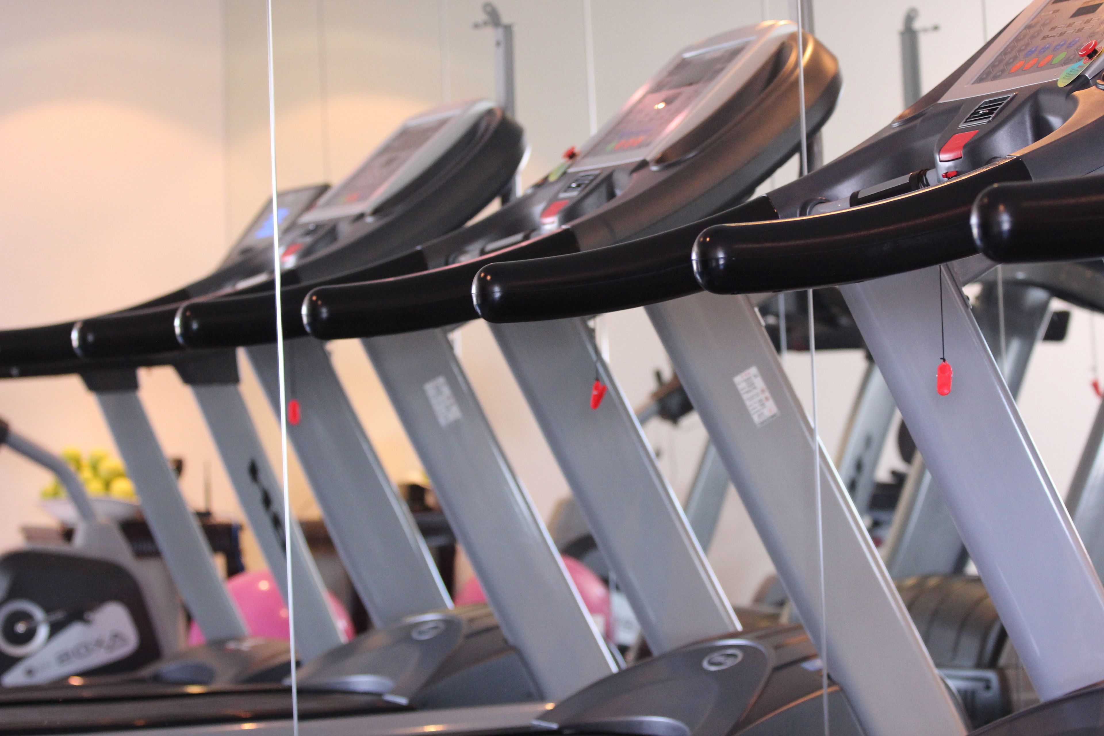 A row of stationary exercise bikes in a gym.