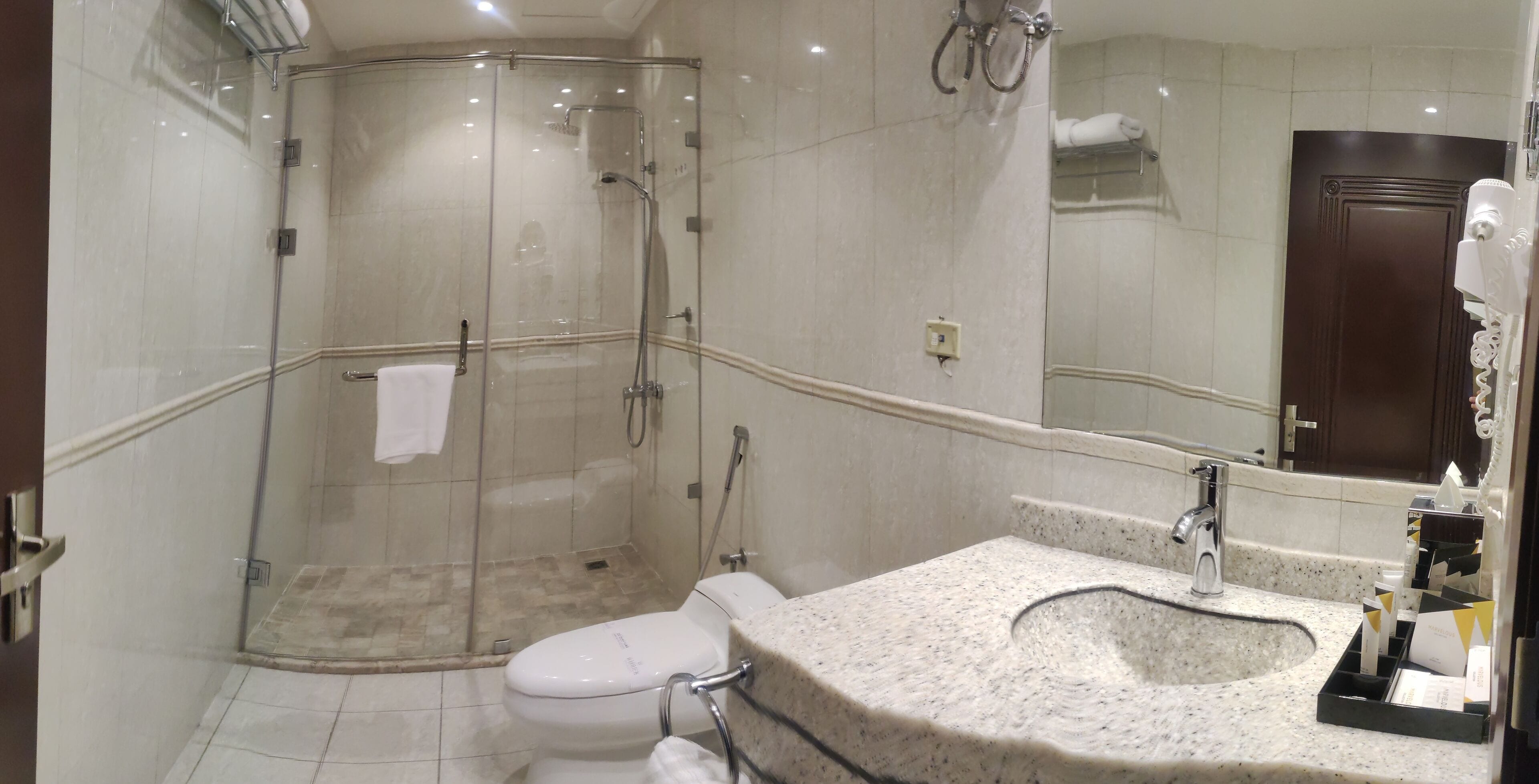 A bathroom with a glass-enclosed shower, a toilet, and a granite sink with a mirror above.